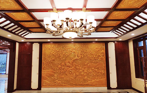 贞丰中式别墅客厅中式木作横梁吊顶装饰展示